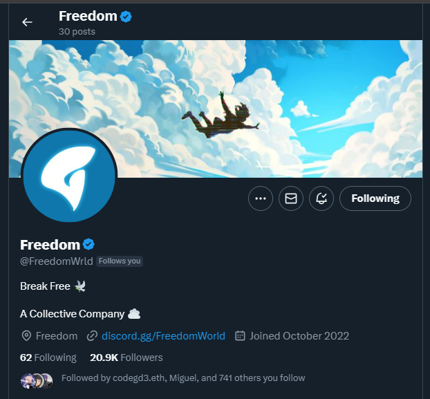 Just realized Freedom hit over 20k Followers 🥳🎉

Yet we only follow 62 members????

Who needs a follow from freedom? ☁️🕊️