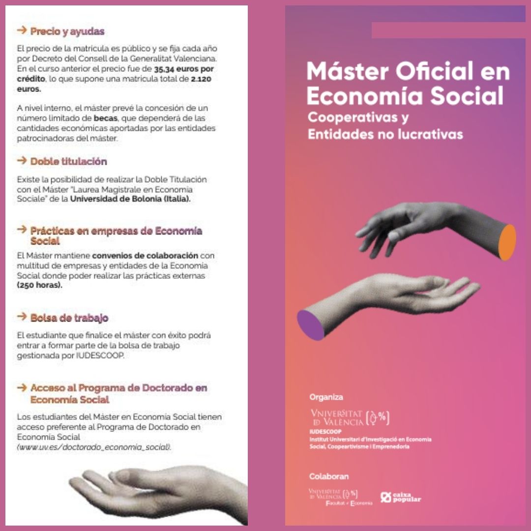 Oberta la preinscripció per al @masteriudescoop #EconomíaSocial (#Cooperatives i Entitats No Lucratives) en la @uv_eg per al pròxim curs 2024-2025. Per a obtindre més informació, visita uv.es/master_economi…