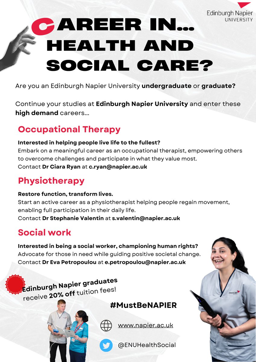 📢 | Announcement! 

2025 applications are now open!

Apply now to join us in January 2025 on on our MSc (Pre-Reg) Occupational Therapy programme!

Follow the link: napier.ac.uk/courses/msc-oc… or contact us to find out more 💬

#MustBeNapier | #ENUDifferenceMakers