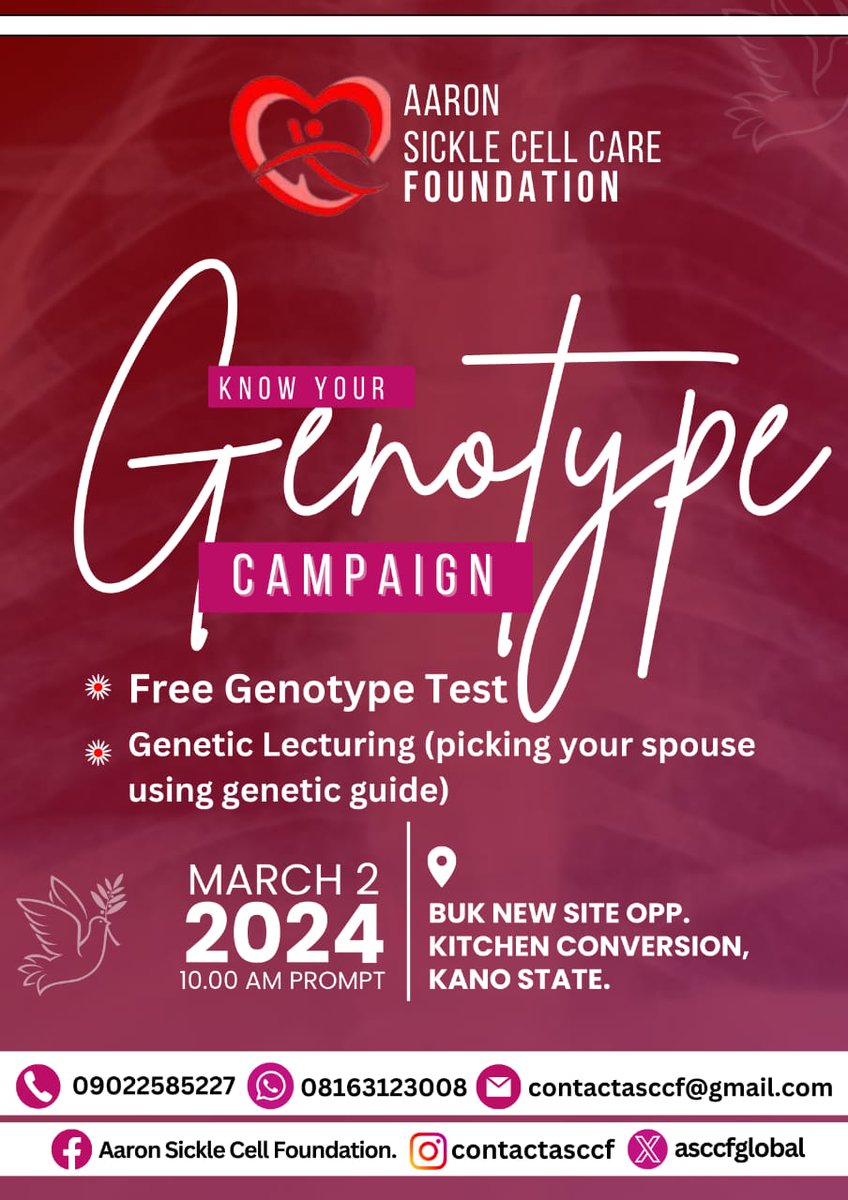 asccfglobal's tweet photo. Aaron Sickle Cell Foundation pledges to reduce Nigeria's 150k sickle cell cases by raising awareness, hosting symposiums on genotype, and conducting free genotype testing in March 2024.
#asscf #sicklecellawareness #sicklecell #healthawareness #sharingisrecovering https://t.co/H2sWmRME8S