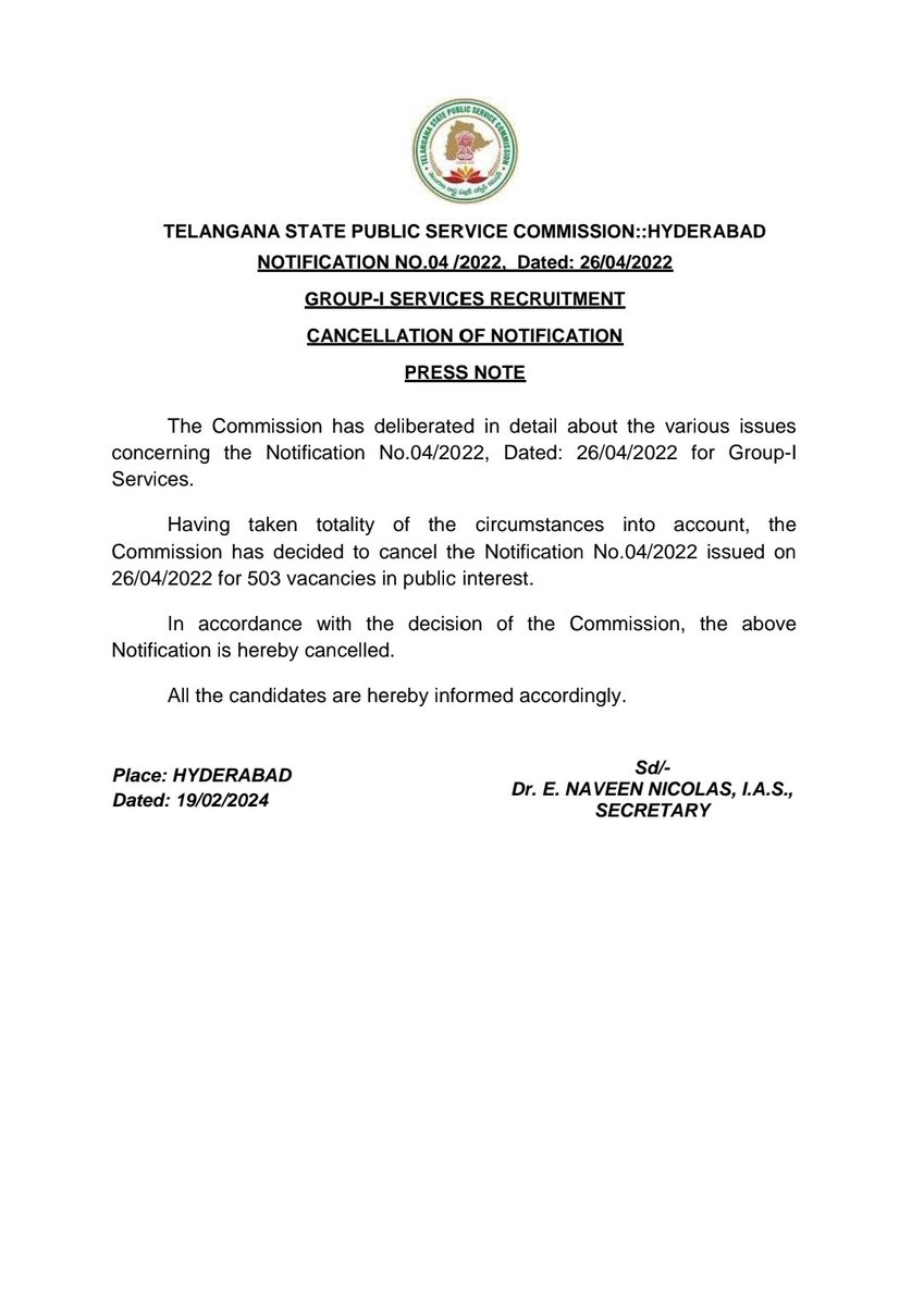 LVReddy73's tweet photo. #Telangana: #TSPSC cancels #Group1 notification which was issued by previous #BRS government in 2022 for 503 posts due to paper leakages and other irregularities. To issue fresh Group 1 notification for 563 posts next week.
#TSPSCGroup1
#TSPSCGroup2
#TSPSCGroup3
#TSPSCGroup4 https://t.co/86cePWMli6