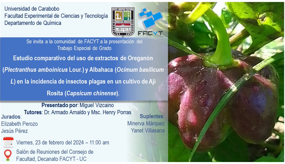 El Departamento de Química Facyt UC, invita a la defensa del TEG de nuestro estudiante Miguel Vizcaino el viernes 23 de febrero. 
#QuímicaFacytUC