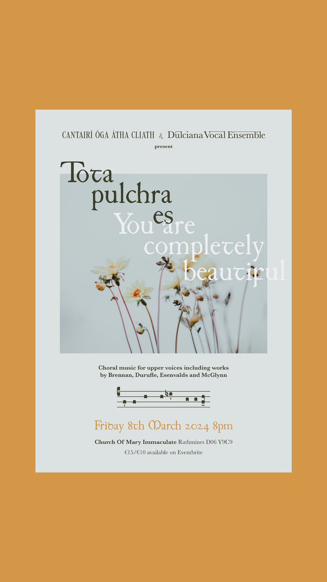 Delighted to be performing a joint concert with <a href="/cantairioga/">Cantairí Óga</a> on the 8th of March! Tickets and more info here eventbrite.ie/e/tota-pulchra… ✨✨