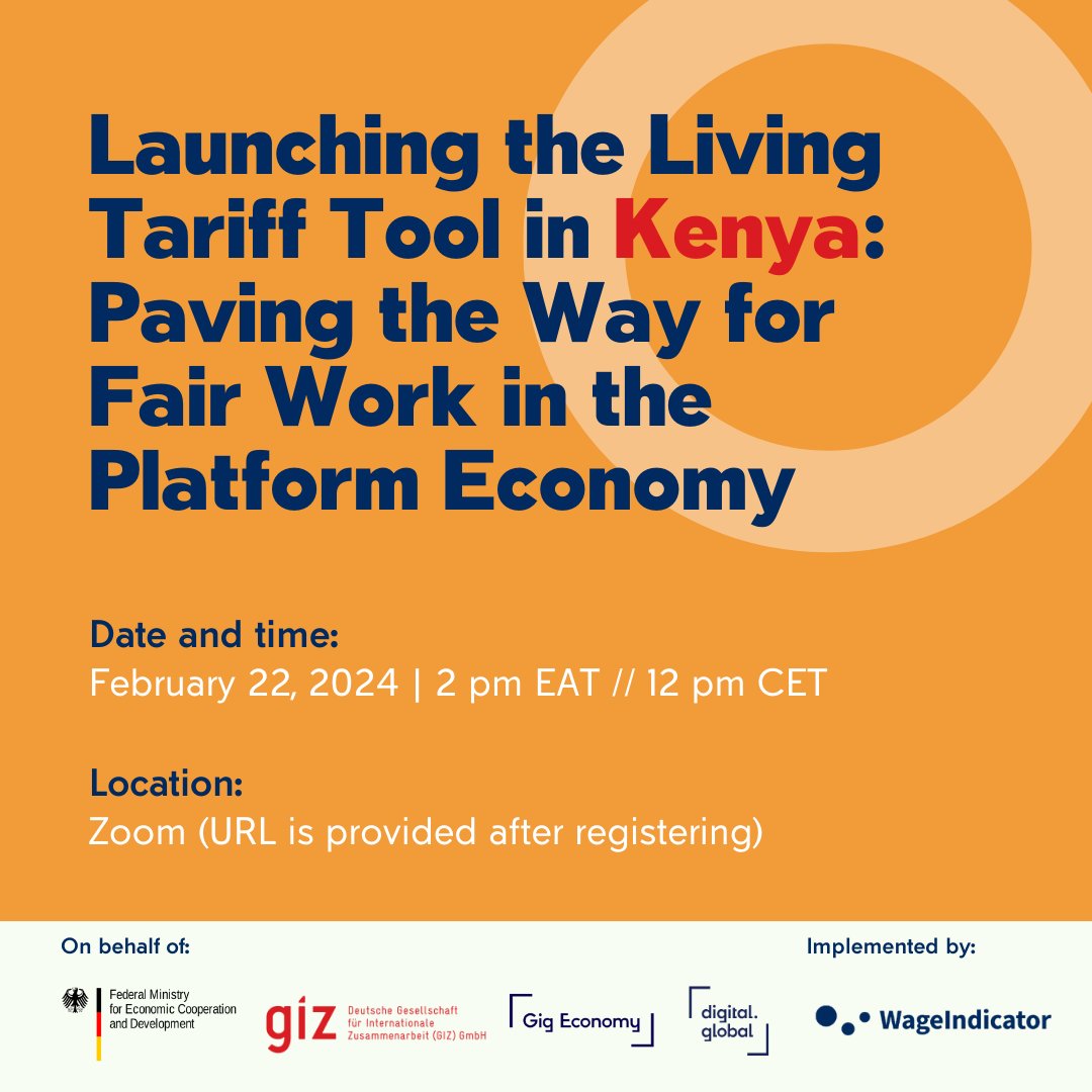 Join us this Thursday as we launch our Living Tariff Tool in Kenya and discuss how Kenyan #GigWorkers can earn a #FairWage! This tool was created in collaboration with @giz_gmbh. Sign up for the event at wageindicator.org/about/events/2…