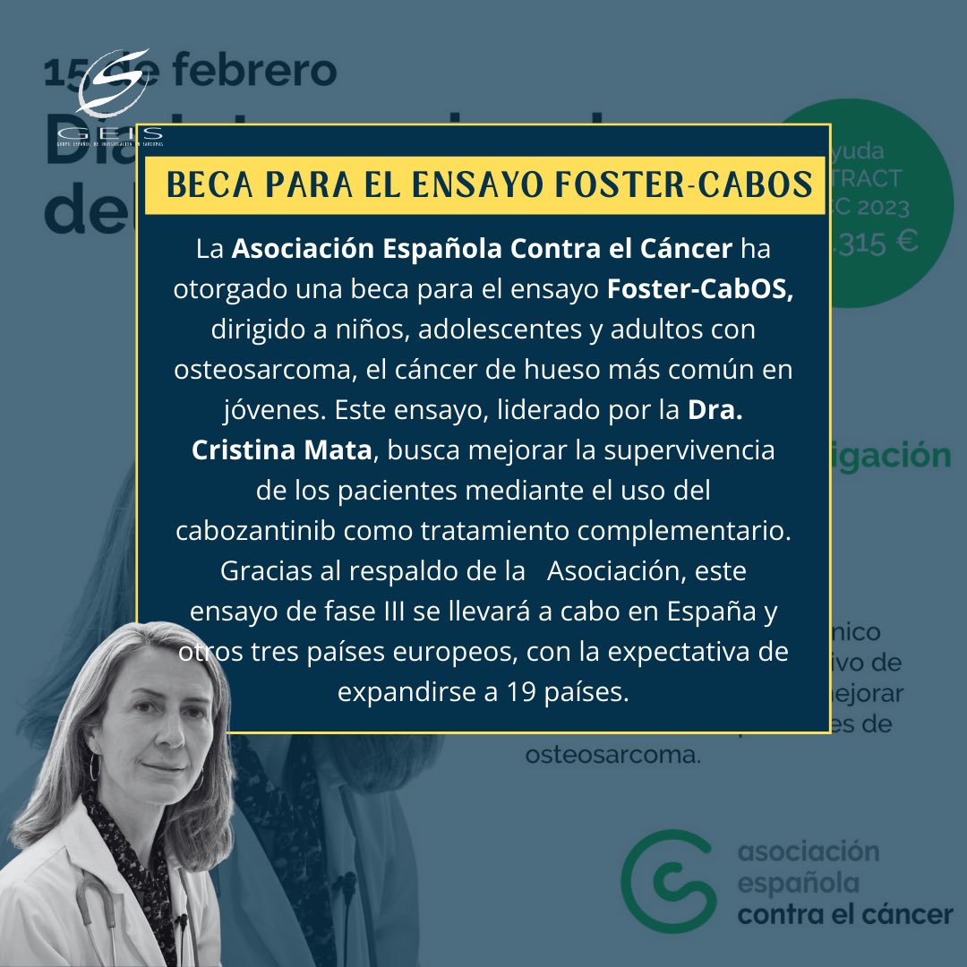 El pasado jueves 15 de febrero en el día mundial contra en cáncer infantil, La Asociación Española Contra el Cáncer ha otorgado una beca para el ensayo Foster-CabOS, dirigido a niños, adolescentes y adultos con osteosarcoma. @ContraCancerEs