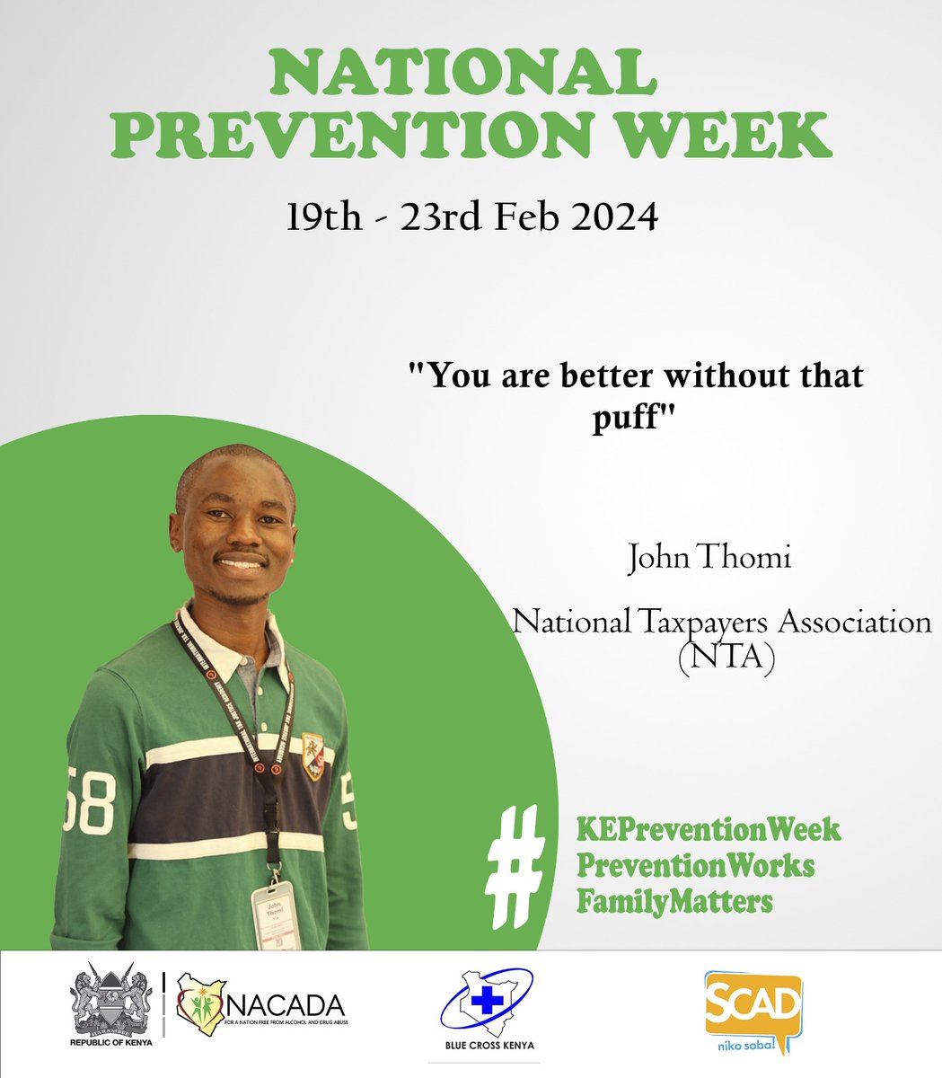 'You are better without that puff'
@NACADAKenya @ntakenya @MOH_Kenya @bathsps @TobaccoFreeKids @Pastor_Dorcas @SABINACHEGE @sirantoniointl @scadkenya
@bluecrosskenya 
#KEPreventionWeek
#PreventionWorks
#FamilyMatters
#Increasetobaccotax