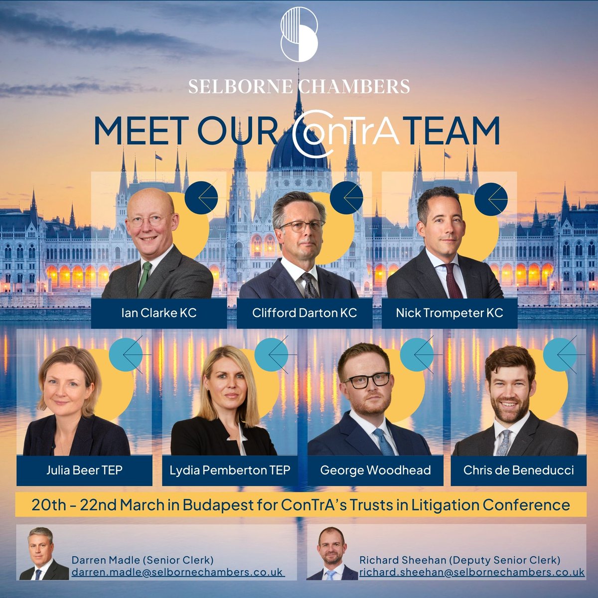 Selborne Chambers will be in Budapest for ConTrA's 'Trusts in Litigation' Conference from 20-22 March. If you would like to arrange a meeting with our team whilst in Budapest, please contact: darren.madle@selbornechambers.co.uk or richard.sheehan@selbornechambers.co.uk.
