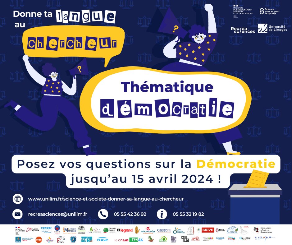 #science | Projet LIRES2, Donne ta langue au chercheur ⏩ @recreasciences et @unilim vous proposent de poser vos questions jusqu'au 15/04 sur le thème “Démocratie”: ✅ unilim.fr/science-et-soc… Des chercheurs y répondront lors d’un temps d’échange programmé prochainement.