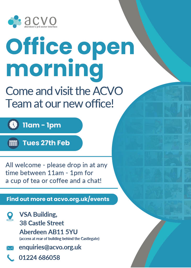 Visit the ACVO team at the Office Open Morning, Tuesday 27th of February at 11am - 1pm, anyone is welcome! Pop in for a chat, a warm drink and learn more about ACVO! @Aberdeen_ACVO #shmu #ACVO #OfficeOpenMorning #AberdeenEvents #NetworkingEvent #NonprofitOrganization