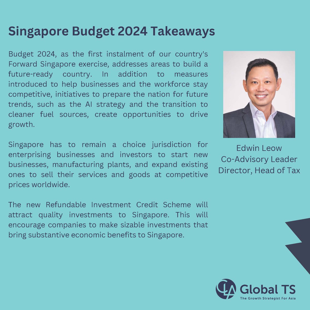 cla_global_ts's tweet photo. On 16 Feb 2024, Singapore's Deputy Prime Minister and Minister for Finance, Mr Lawrence Wong, delivered the FY2024 Budget Statement. Here are the quick takeaways from CLA Global TS Tax Leaders. Watch this space for our budget commentary coming soon. #ForwardSG #SGBudget2024 https://t.co/jL823Dl9Nm