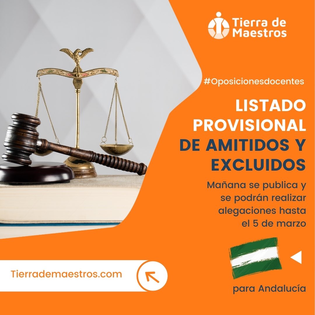 Mañana se publican los 🟠🔵#ListadosProvisionales de admitidos y excluidos para las oposiciones docentes de #Andalucía 

#Oposicionesdocentes #TierradeMaestros #SerMaestro  #EticaenOposiciones #CrecemosJuntos