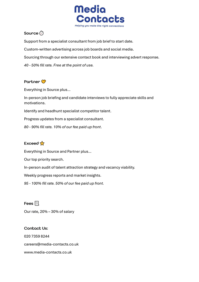 _MediaContacts's tweet photo. For any hiring managers following our page, we want to highlight the 3 distinct product packages we offer our clients – you can see more details of our Source, Partner and Exceed offerings below:

#MediaContacts #Recruitment #Hiring #HR #Jobs #Recruiting #TalentAcquisition https://t.co/36eoAsZ8mx