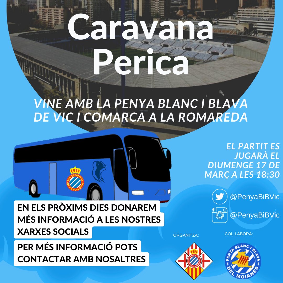 PenyaBiBVic's tweet photo. Ara ja si, la penya organitzarà un autobús per fer el desplaçament a la Romareda a Saragossa, tots els que vulgueu assistir amb nosaltres poseu-vos en contacte amb nosaltres. 
@pbbMoianes
@fcp_espanyol
@RCDEspanyol 
#RCDE https://t.co/SVqcfK87WC