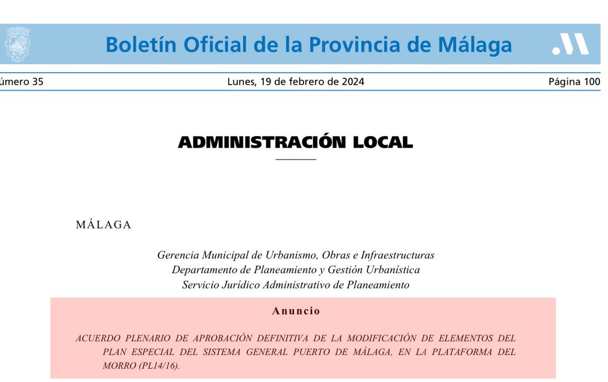 noalrascacielos's tweet photo. El acuerdo del grupo municipal del @PPMalaga de construir un rascacielos de 150 metros en el Morro del puerto, se publica en el BOP.
… CONTINUARÁ …
#NoAlRascacielos
#SíALaFarola
#NOaEseEdificioEnEseSitio
https://t.co/KSCscDVHwe https://t.co/c8OuP4XGgt