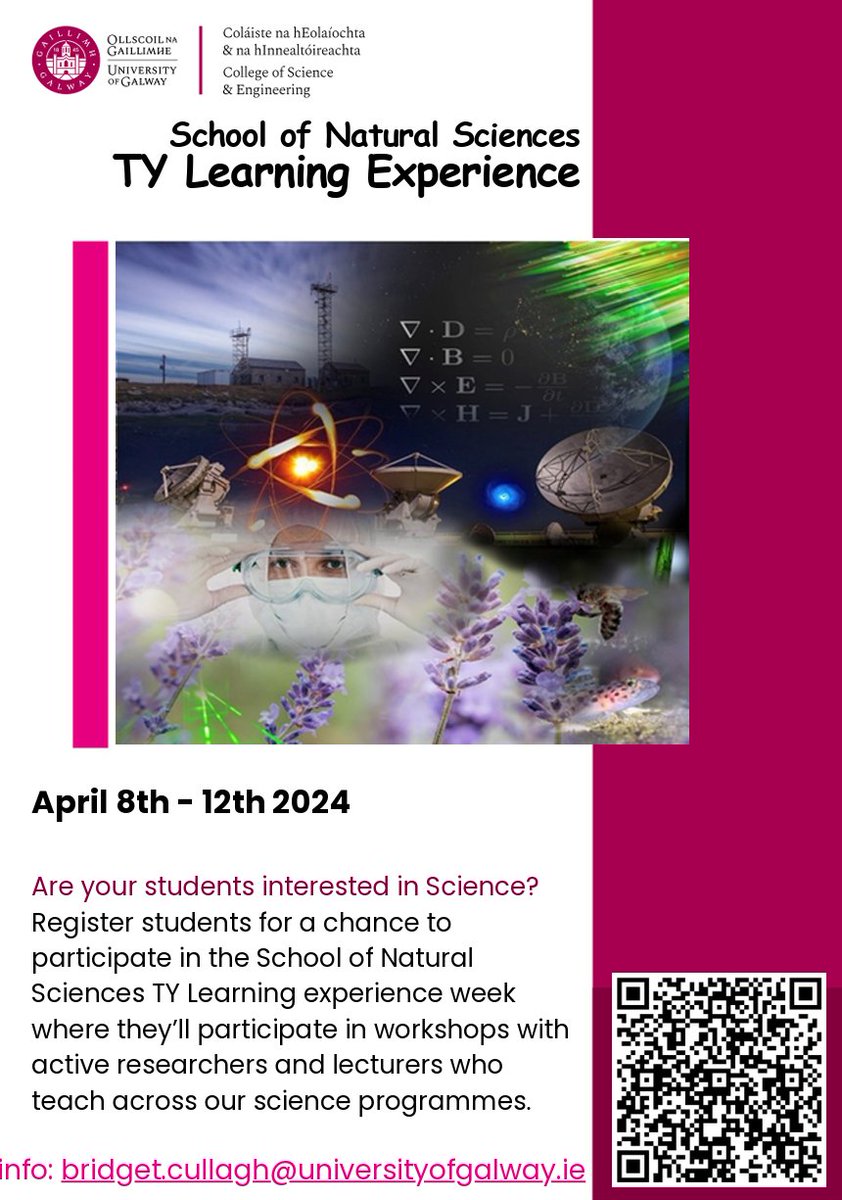 lizcoleman (@lizcoleman9) on Twitter photo Att Teachers! This year, we are running our TY Learning experience in <a href="/SNSUniofGalway/">SNS@UniversityofGalway</a>
Date: 8th -12th April 2024, Monday to Friday from 10AM to 4PM
Nominate 2 students from your school to participate forms.office.com/Pages/Response… Att Teachers! This year, we are running our TY Learning experience in <a href="/SNSUniofGalway/">SNS@UniversityofGalway</a>
Date: 8th -12th April 2024, Monday to Friday from 10AM to 4PM
Nominate 2 students from your school to participate forms.office.com/Pages/Response…