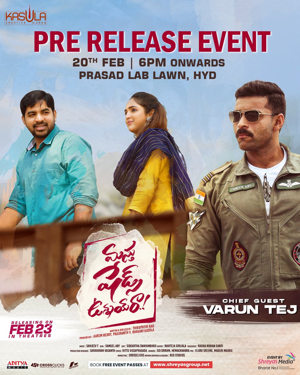 Bhavani (@bhavani901) on Twitter photo Save the date! February 20th marks the launch of the mesmerizing lyrical song #ChinniJeevithame from the movie #MasthuShadesUnnaiRa by none other than Mega Prince <a href="/IAmVarunTej/">Varun Tej Konidela</a> himself!
#MSURonFEB23
<a href="/AbhinavGomatam/">Abhiinav Gomatam</a>
<a href="/bhavani901/">Bhavani</a>
<a href="/IndlaThirupathi/">THIRUPATHI RAO Indla</a>
<a href="/IamVaishaliRaj/">VaishaliRaj</a>
<a href="/adityamusic/">Aditya Music</a> Save the date! February 20th marks the launch of the mesmerizing lyrical song #ChinniJeevithame from the movie #MasthuShadesUnnaiRa by none other than Mega Prince <a href="/IAmVarunTej/">Varun Tej Konidela</a> himself!
#MSURonFEB23
<a href="/AbhinavGomatam/">Abhiinav Gomatam</a>
<a href="/bhavani901/">Bhavani</a>
<a href="/IndlaThirupathi/">THIRUPATHI RAO Indla</a>
<a href="/IamVaishaliRaj/">VaishaliRaj</a>
<a href="/adityamusic/">Aditya Music</a>