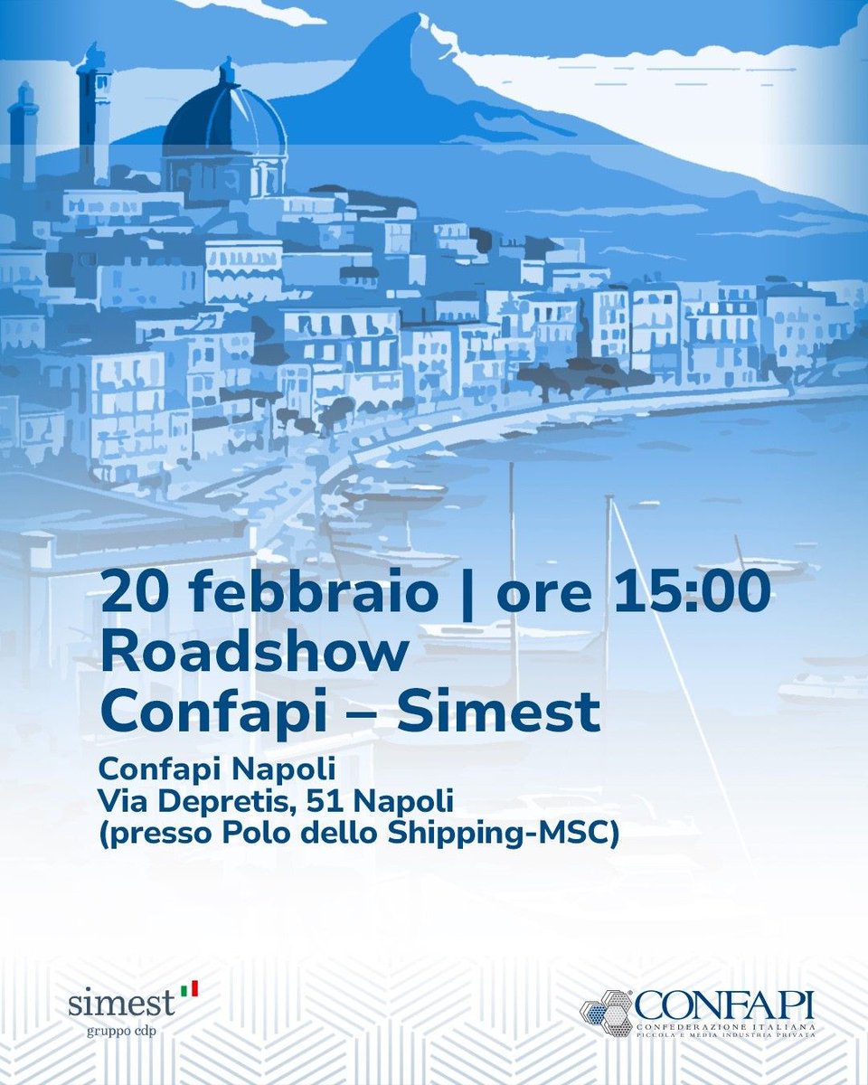 SIMEST_IT's tweet photo. #19febbraio | #SIMEST e @Confapi danno il via domani da #Napoli alla prima delle sette tappe del #Roadshow finalizzato a far conoscere gli strumenti SIMEST per l’#internazionalizzazione delle imprese.
#Export #MadeInItaly
🔴Per saperne di più👉➡️https://t.co/82q7DAQWTb⬅️ https://t.co/PAA3QbR8Kn