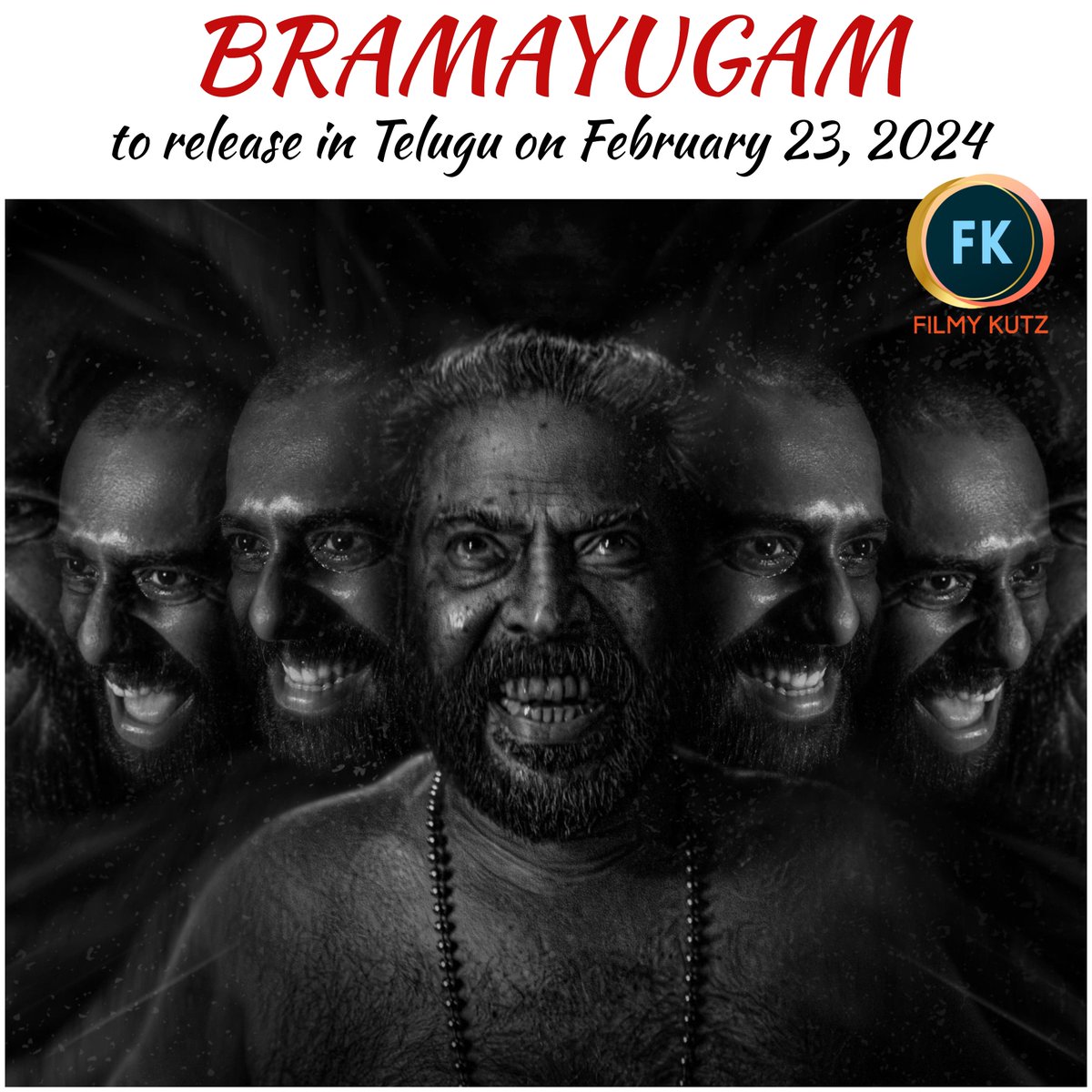 #Mammootty starrer #Bramayugam to release in Telugu on February 23, 2024. 

A film by #RahulSadasivan 
Music by #ChristoXavier