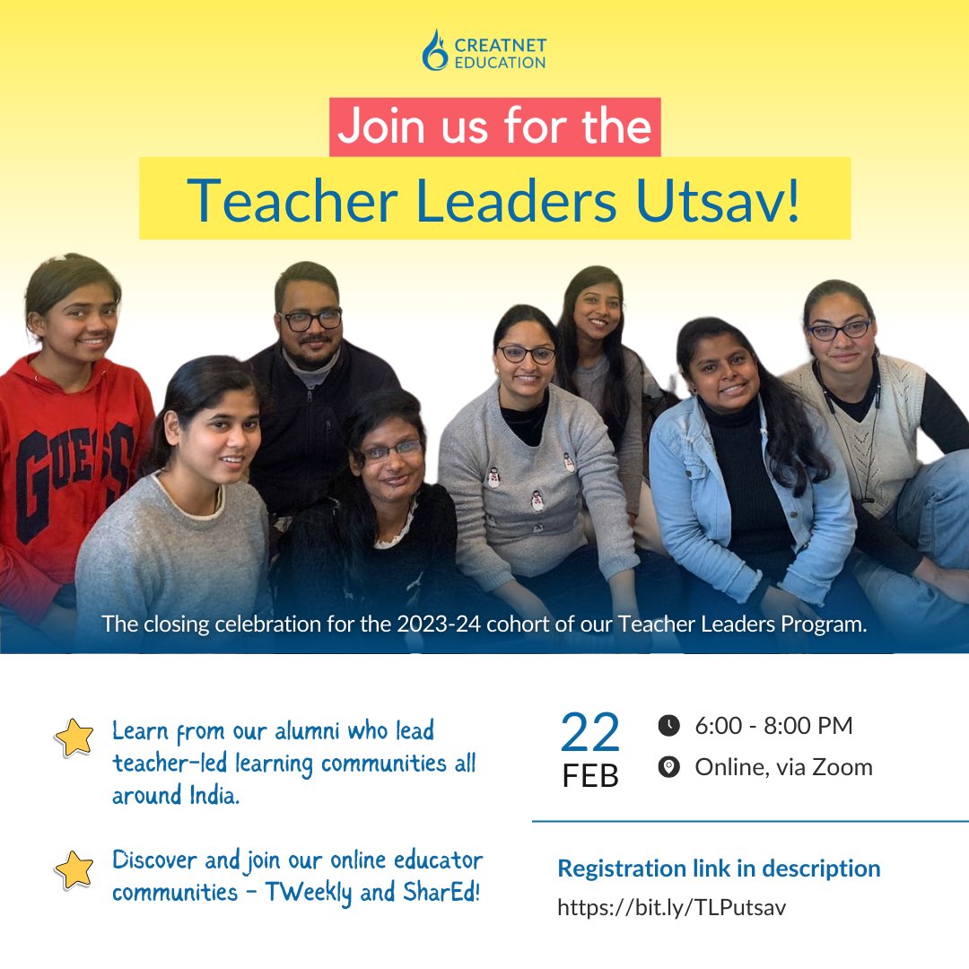 If you are a teacher or a seeker of community learning, join us for fruitful conversations on teacher leadership and community growth led by our Teacher Leaders program alumni. Registration: bit.ly/TLPutsav 🗓️: 22nd Feb (Thur), 6-8 pm via Zoom