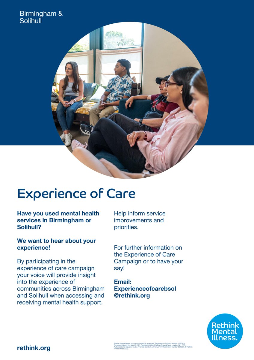 Have you used mental health services, or do you care for someone who has used mental health services in Birmingham or Solihull? If so, Rethink Mental Illness want to hear from you! Why not complete the Experience of Care campaign to offer your views at forms.office.com/pages/response…