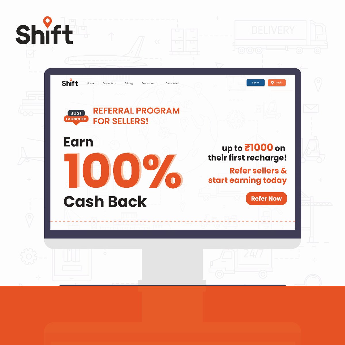 shipwithshift's tweet photo. Introducing our REFERRAL PROGRAM exclusively for sellers. Start referring and earn a dazzling 100% CASH BACK on your first recharge, up to ₹1000! It's our way of saying thank you. 💸 Refer now, let's prosper together. T&amp;C apply! 

#ReferralRewards #EarnWithShift #Shiftlogistics https://t.co/GWAqsAFMMv