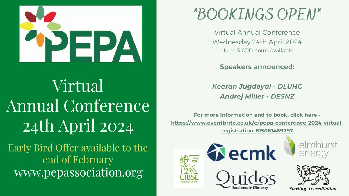 @PEPA_LTD is delighted to announce that Keeran Jugdoyal from @luhc and Andrej Miller from @energygovuk will be speaking at the virtual event on 24th April.  Early bird discount available until the end of February #energyassessor #epc