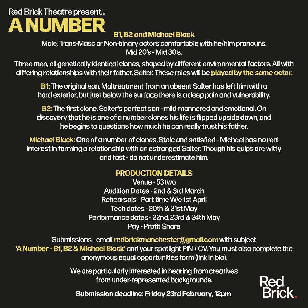 📣 CASTING CALL 📣 Large Print/Easy Read Version & Equal Opportunities Form - Link in bio. Submissions - please email redbrickmanchester@gmail.com with relevant subject and your Spotlight PIN / CV. @53two Deadline - Fri 23 Feb, 12pm #CastingCall #ManchesterActors