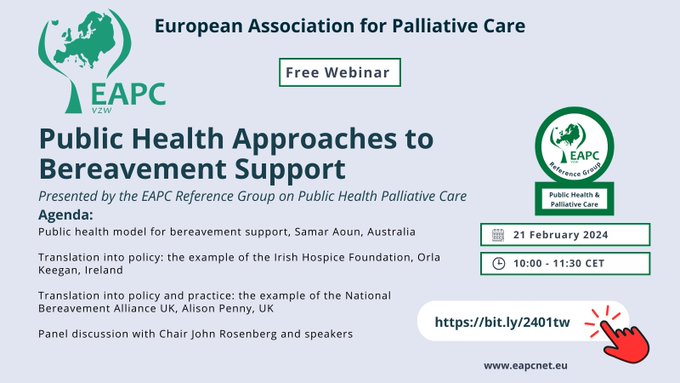 This @EAPCvzw webinar on Public Health Approaches to Bereavement Support is this Wednesday. @orlaeye, our Head of Education & Bereavement, will share some of our work in developing bereavement care. 👉 Register: eapcnet.eu/webinar-public… #bereavement #bereavementsupport