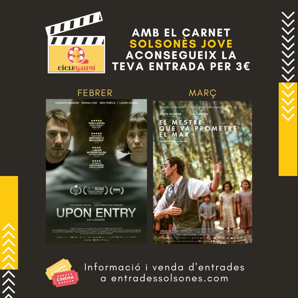 🎬 Amb el teu carnet Solsonès Jove, la teva entrada del cicle gaudí per 3 €.
🎟️ Consulta horaris i compra l'entrada a entradessolsones.com
Si encara no tens el teu carnet, demana'l a bit.ly/SolsonesJove
#culturajove #ciclegaudí #cinemacatalà
#OJSolsonès #Solsonès #Solsona