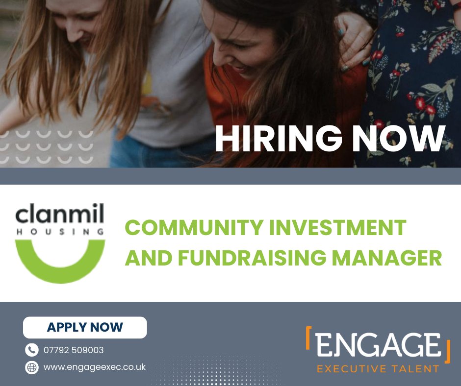 📢 New opportunity available with Clanmil Housing - Could you be their Community Investment and Fundraising Manager? 
📍 Belfast, agile 
📅 Apply by noon, Wednesday 27 March 2024
📝 Download the candidate information pack and apply here &gt;&gt; bit.ly/4bFPp6f
<a href="/ClanmilHousing/">Clanmil Housing</a>