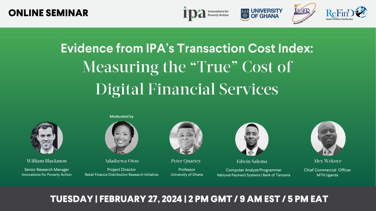 poverty_action's tweet photo. Did your last #MobileMoney transactions fail or incur unexpected fees? These hidden fees increase costs for users. That’s why we developed the #TransactionCostIndex to measure & monitor these hidden costs. Learn more on Feb. 27th with @ISSERUG. Register: https://t.co/9K6WKyKuqS https://t.co/w4tr8UPuny