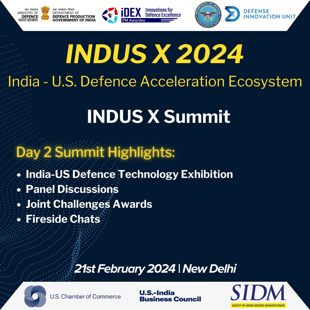 Join us for a vibrant 2-day #INDUSXSummit on 20th-21st Feb. Day 2 will ignite with a 'first-of-its-kind' joint startup showcase, panel discussions, Joint Challenge Awards, and insightful fireside chats, fuelling collaboration and innovation in U.S.-India Defense Ecosystem 🇺🇸 🤝🏻🇮🇳