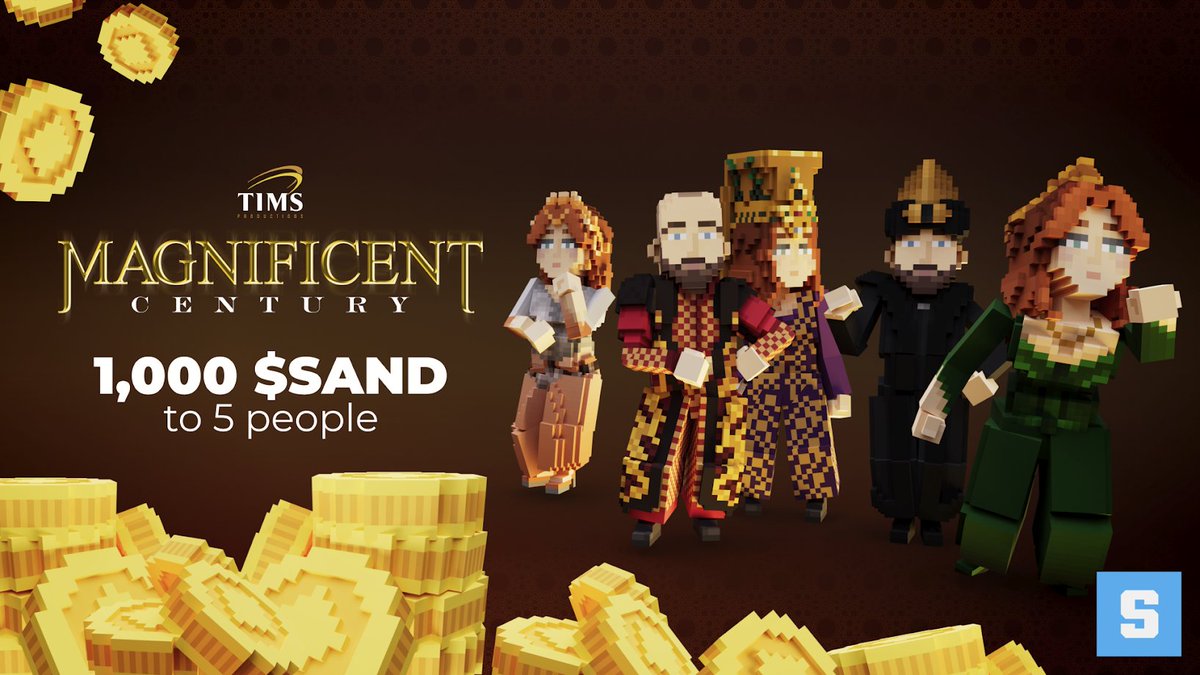To celebrate the upcoming avatar collection of Magnificent Century, we're giving away a total of 1,000 $SAND!✨

Ready to enter?
🔹 Like, RT &amp; follow <a href="/TheSandboxGame/">The Sandbox</a> &amp; <a href="/Magnificentury_/">Magnificent Century</a>
🔹 Tag 2 friends to watch the launch of the world-famous Magnificent Century series in the