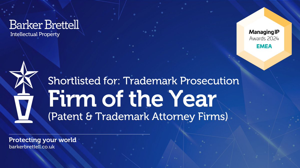 We are pleased to be shortlisted for three nominations in the <a href="/ManagingIP/">Managing IP</a> Awards 2024 EMEA rankings, including two of our colleagues, Oliver Pooley and Lucy Walker, receiving recognition in their respective practice areas of #patents and #trademarks.

#IP #ProtectYourIP #Awards