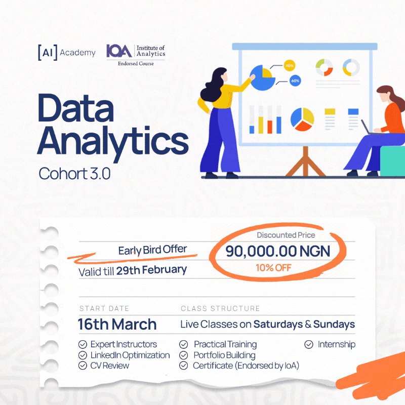 AnalyticsIntel_'s tweet photo. Secure your spot in our upcoming data analytics, data science, and AI programs on @aiacademyafrica. Take advantage of the early bird offer before it ends on February 29th!🚀🚀

Apply now: https://t.co/ykcNBY6esD