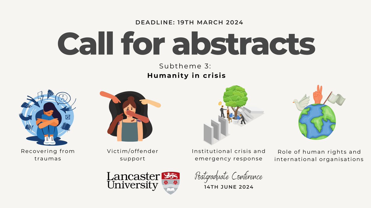 🌍Our third subtheme is #HumanityInCrisis. Dive into topics like trauma recovery, victim/offender support, emergency response, human rights' role, global/local reactions &amp; more. 📢Submit your abstract now! #CallForPapers

🚨Abstracts: 19th March 2024  
🗓️Event: 14th June 2024🎓