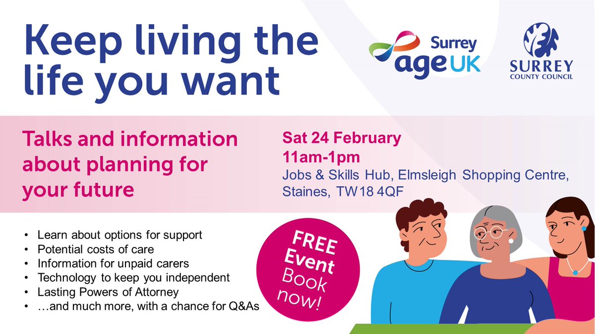 As the years pass you never know when you or a loved one might need extra support. Register for a FREE event with @AgeUKSurrey in #Addlestone & #Staines on Fri & Sat (+ Woking on Weds) to find out what to plan now, to live the life you want in the future. orlo.uk/miMhb