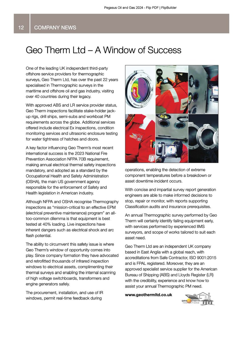 GeoThermLtd's tweet image. Delighted to see the @GeoThermLtd editorial below in the 2024 Pegasus Oil and Gas Directory @pegasusenergy  #irwindows #thermalimaging #thermography #thermographicservices