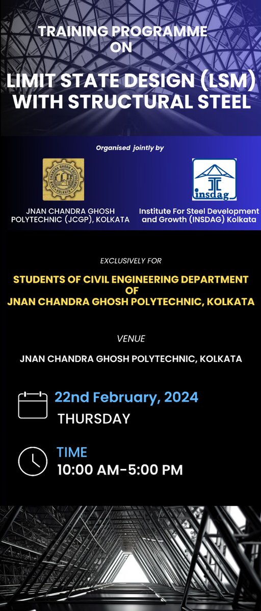 #Exclusive #training #program for students of the #Civil #Engineering Department of Jnan Chandra Ghosh Polytechnic

#insdag #INSDAGTraining #StructuralSteel #LimitStateDesign #JCGPolytechnic #SteelStructures #EngineeringEducation #LSDWorkshop #StudentTraining