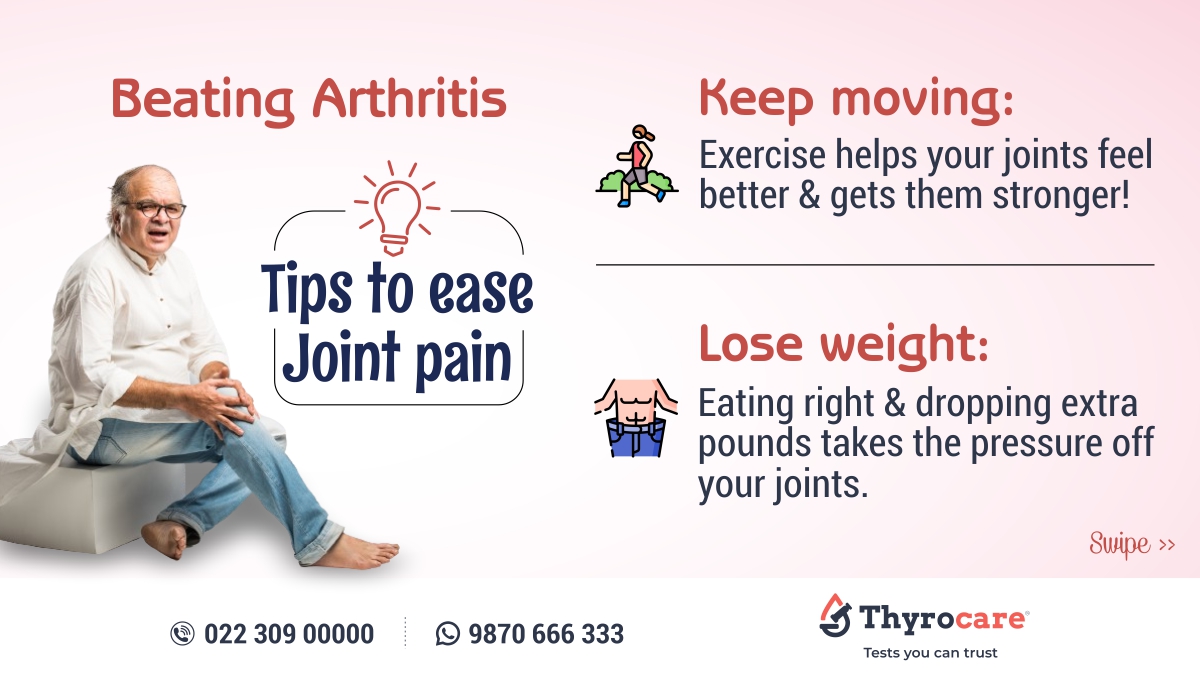 Thyrocare's tweet image. Don’t let the pain stop you from enjoying your second inning. Swipe to learn the best ways to beat the pain. What are you waiting for? Do it now!

#ArthritisPain #PainReliefTips #SecondInnings #Health #Healthy #Healthcare #Thyrocare