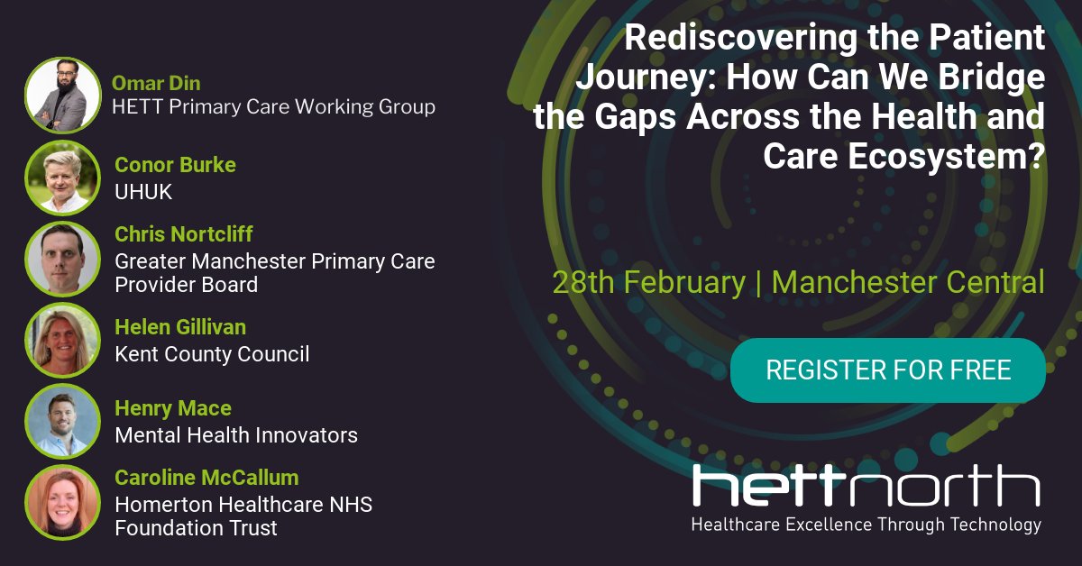 📢 #HETTNorth24 session: 'Rediscovering the Patient Journey: How Can We Bridge the Gaps Across the Health and Care Ecosystem?'. This session will be joined by @omardin, @chrisnortcliff, @conorpburke, Helen Gillivan, Henry Mace & Caroline McCallum ➡️hubs.la/Q02ltbnF0