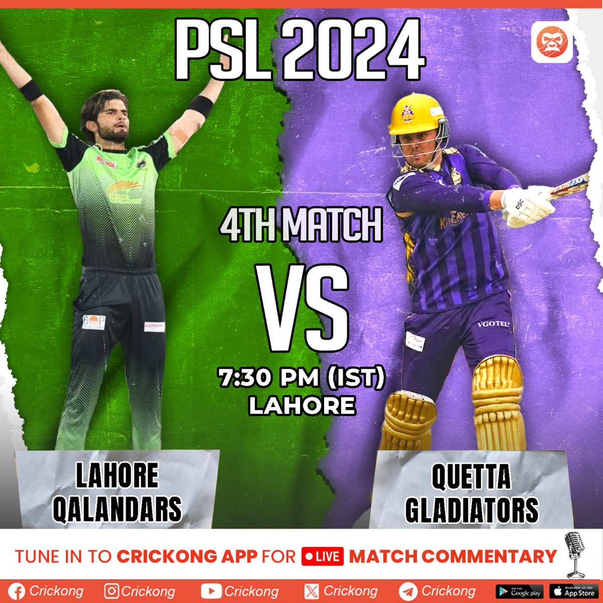 CricKong's tweet photo. Lahore Qalandars face off against Quetta Gladiators in a showdown of skill and strategy! 🏏💥 Who will triumph in this epic clash?

#LQvsQG #CricketShowdown #psl2024 #PakistanSuperLeague #shaeenafridi #JasonRoy https://t.co/F2fddGgvUm
