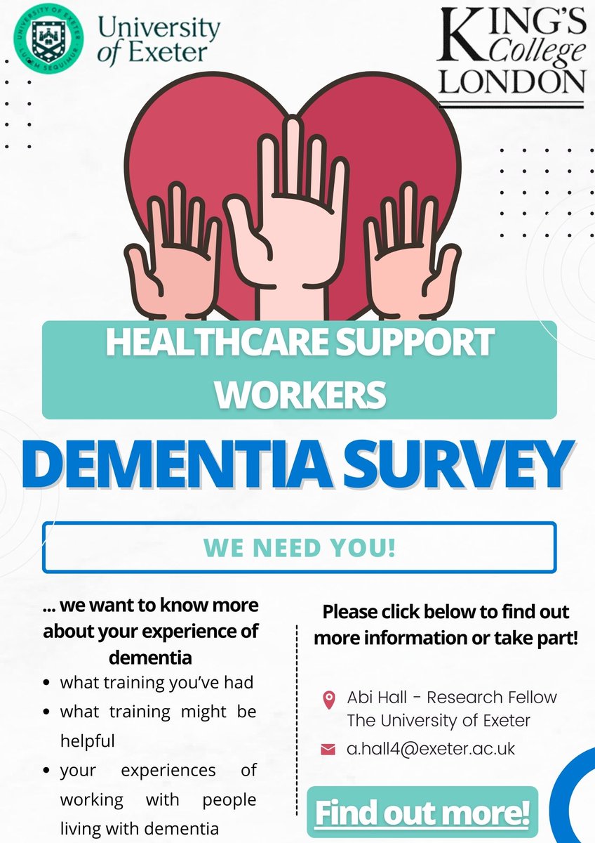Calling all support workers to take part in a national survey about experiences of working with people living with dementia. Please share far and wide. @rgriffinskill @VickiG_physio Please click here to find out more or take part - exeter.onlinesurveys.ac.uk/support-worker…