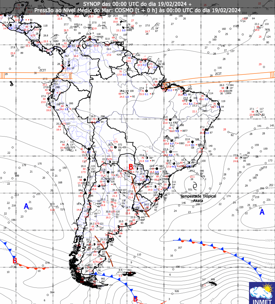 🌀 #Ciclone: O Serviço Meteorológico Marinho (SMM) classificou o ciclone em alto-mar como Tempestade Tropical.

A Tempestade Tropical foi nomeada de Akará e está indicada na carta sinótica do #INMET de 19/02/2024, às 00 UTC (21h do dia 18/02/2024 no horário de Brasília).

+👇