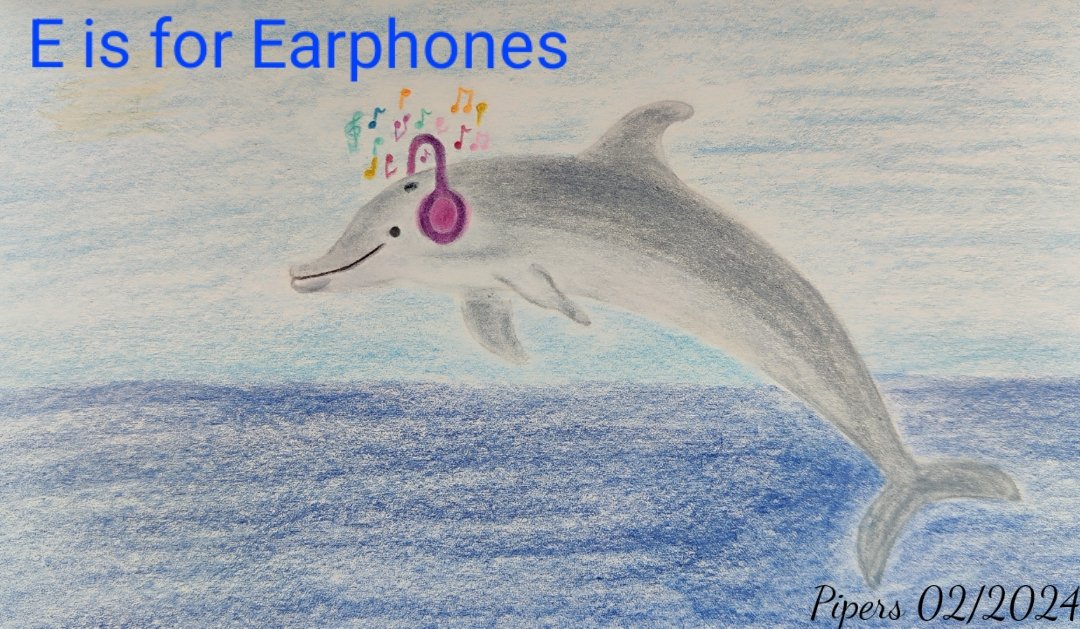 E is for Earphones @AnimalAlphabets. Dolphin Debby enjoys listening to the music while swimming through the oceans. #animalalphabets #illustration #pencilsketch #Pencildrawing #dolphin #sea #earphones #carandache