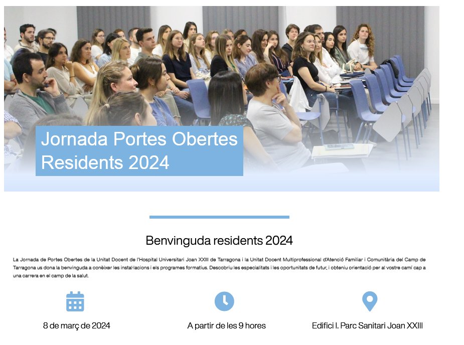 Hospital Universitari Joan XXIII (@hjoan23) on Twitter photo 👩⚕️👨⚕️#JornadaDePortesObertes per als futurs residents que estiguin interessats a especialitzar-se a 🏥 l'<a href="/hjoan23/">Hospital Universitari Joan XXIII</a> de #Tarragona.
Vine a conèixer el nostre Projecte i les nostres especialitats
🗓 8 de març
🕓 9 h.
🔗Més ℹ️ 👉 tuit.cat/rW2Sy
#ResidentsICS #MIR2024 👩⚕️👨⚕️#JornadaDePortesObertes per als futurs residents que estiguin interessats a especialitzar-se a 🏥 l'<a href="/hjoan23/">Hospital Universitari Joan XXIII</a> de #Tarragona.
Vine a conèixer el nostre Projecte i les nostres especialitats
🗓 8 de març
🕓 9 h.
🔗Més ℹ️ 👉 tuit.cat/rW2Sy
#ResidentsICS #MIR2024