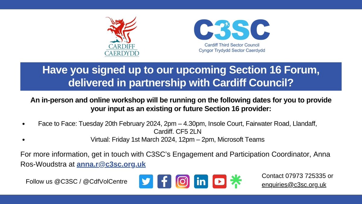 Hosted by C3SC in partnership with @cardiffcouncil, we will be running two Section 16 forums to allow all Cardiff Adult Social Services Providers an opportunity to hear about Cardiff Council’s upcoming Commissioning and Procurement opportunities. The first event (in-person) will…