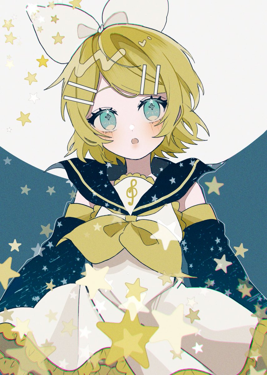 kagamine rin 1girl treble clef hair ornament blonde hair solo hairclip star (symbol)  illustration images