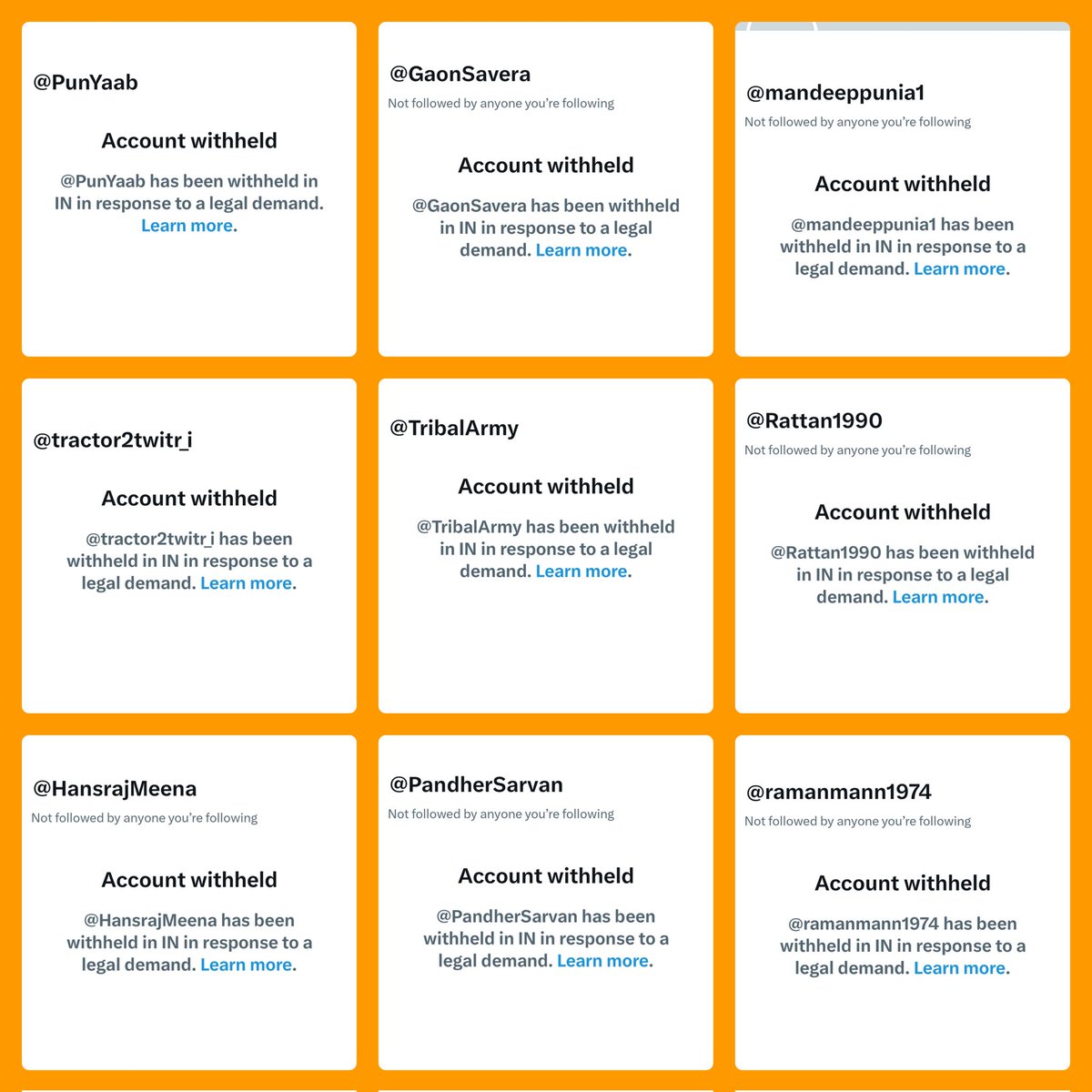 A lot of X accounts critical of BJP Govt have either been suspended or withheld in India. Many influential X accounts of ground reporters/influencers/prominent farm unionists covering Farmers Protest in India are suspended too. Sharing a few accounts. But there are many more X