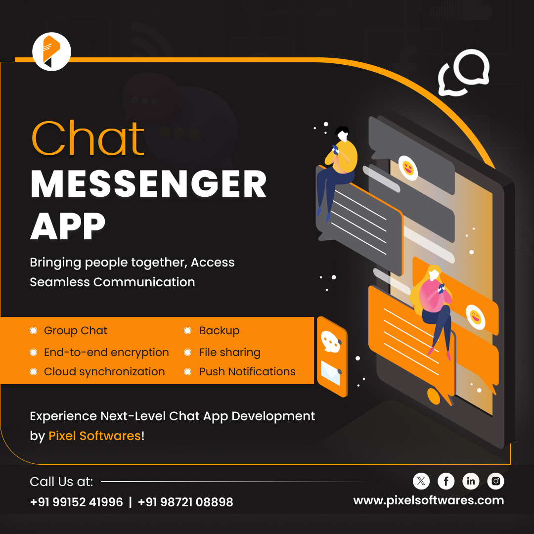 SoftwaresPixel's tweet image. Discover the power of #PixelSoftwares&apos; #chatappdevelopment! Enhance your communication with features like group chats, end-to-end encryption, cloud backup, file sharing, and push notifications. Seamlessly connect with others and experience the future of messaging!